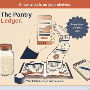 Title slide for the Pantry Ledger — a glass jar of rice, a measuring scoop and a shopping-list notepad around an open ledger, with a phone feeding it: your kitchen, listed and counted.