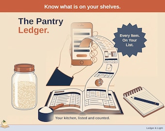May include: A digital pantry management graphic titled The Pantry Ledger. It features a smartphone, a long scrolling list, an open ledger book, a glass jar of rice, a measuring cup, and a notepad with a pencil. Text includes Know what is on your shelves, Every Item. On Your List, and Your kitchen, listed and counted.
