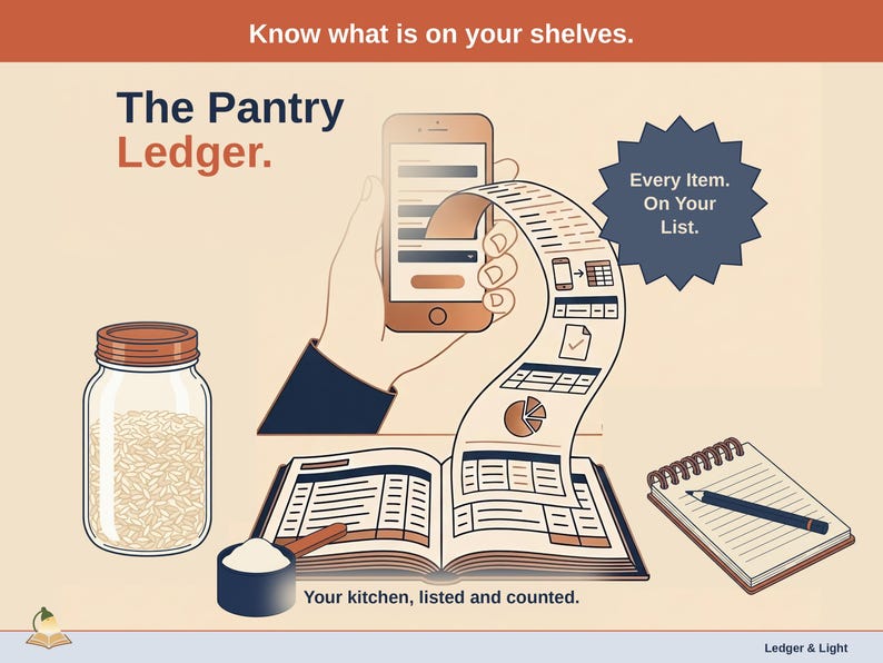 Title slide for the Pantry Ledger — a glass jar of rice, a measuring scoop and a shopping-list notepad around an open ledger, with a phone feeding it: your kitchen, listed and counted.