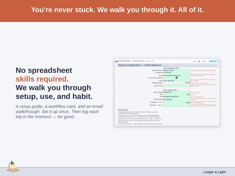 The Mileage Ledger’s Setup tab on a laptop, walking a online business owner through first-time setup step by step. A setup guide, a workflow card, and an email walkthrough. Set it up once. Then log each trip in the moment — for good.