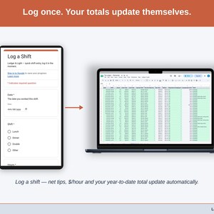 A logged shift moving from the phone form into the Tip Log on a laptop, where the totals update on their own.