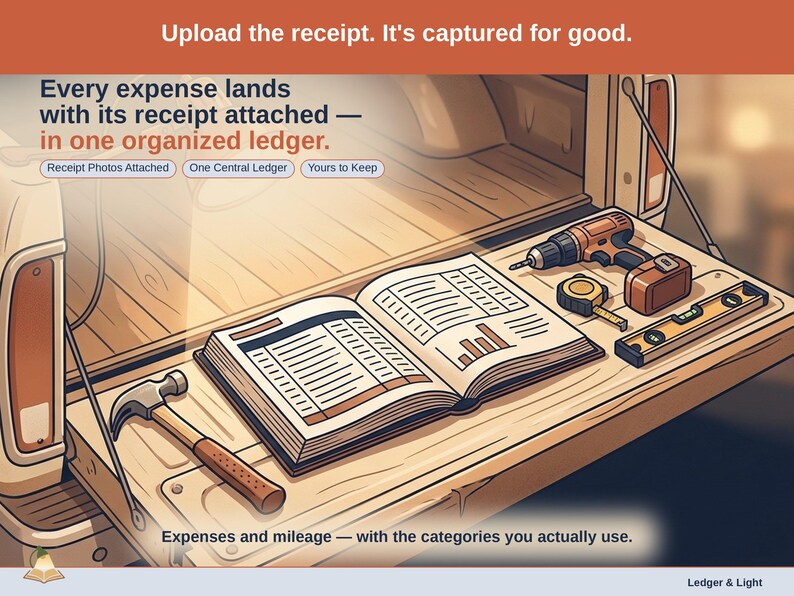 Closing slide, captioned receipt photos attached, one central ledger, yours to keep. Every contractor expense lands with its receipt attached, in one ledger that stays in your own Drive.