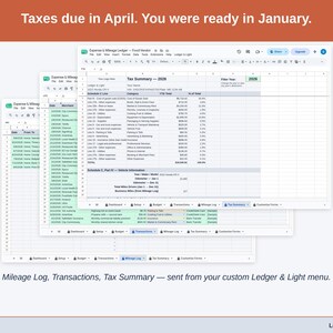 Two exported cards side by side — Tax Summary and Transactions — sent from the Expense & Mileage Ledger’s custom Ledger & Light menu. A food vendor year, ready to hand over.