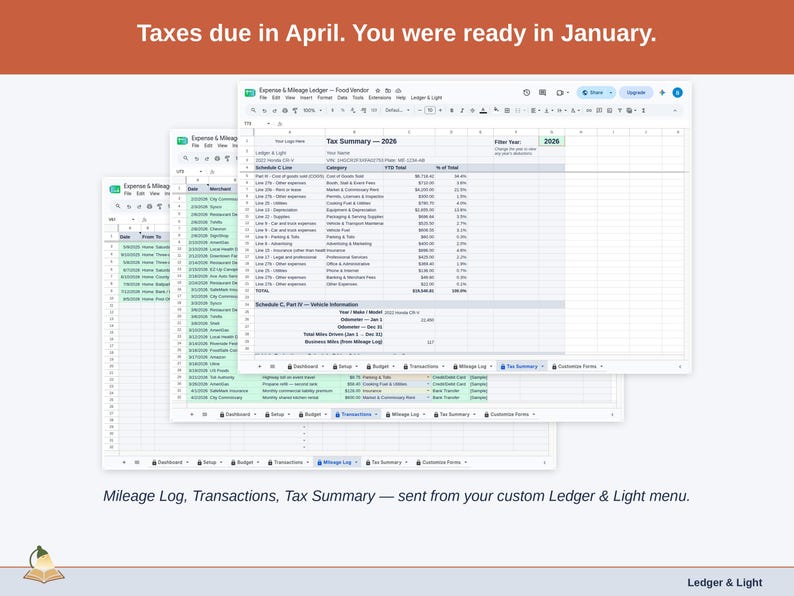 Two exported cards side by side — Tax Summary and Transactions — sent from the Expense & Mileage Ledger’s custom Ledger & Light menu. A food vendor year, ready to hand over.