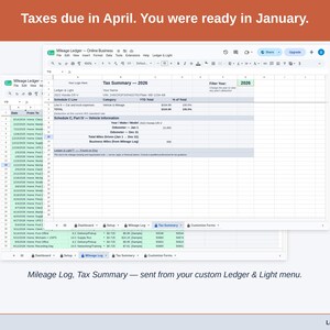 Two exported cards side by side — Tax Summary and Transactions — sent from the Mileage Ledger’s custom Ledger & Light menu. A notary year, ready to hand over.