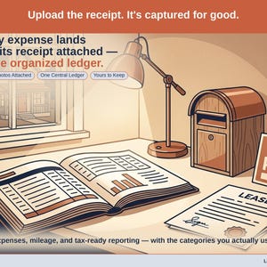 Closing slide, captioned receipt photos attached, one central ledger, yours to keep. Every long-term rental expense lands with its receipt attached, in one ledger that stays in your own Drive.