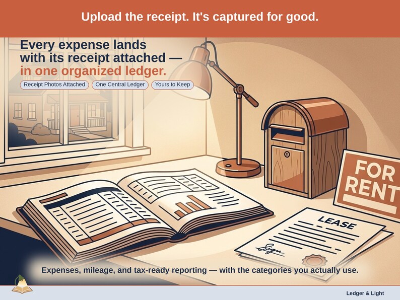 Closing slide, captioned receipt photos attached, one central ledger, yours to keep. Every long-term rental expense lands with its receipt attached, in one ledger that stays in your own Drive.
