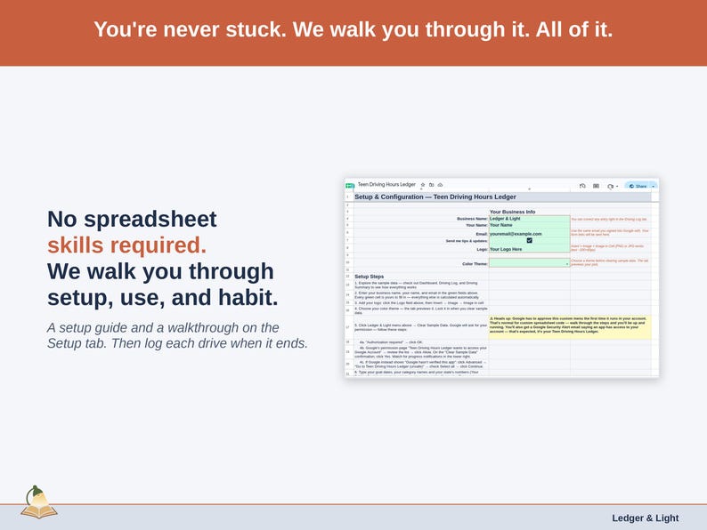 The Setup tab with its Setup Steps walkthrough — your info, theme pick and the Google authorization, then your driving goal.