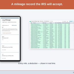 The Mileage Log tab — date, purpose, start and end odometer, miles, and the deduction at the IRS standard rate, calculated per trip. A online business driving record built to be accepted.