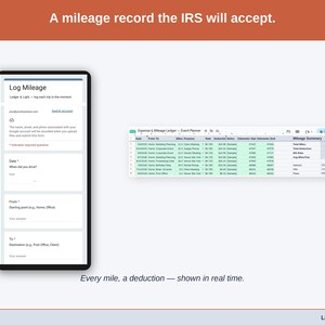 The Mileage Log tab — date, purpose, start and end odometer, miles, and the deduction at the IRS standard rate, calculated per trip. A event planner driving record built to be accepted.