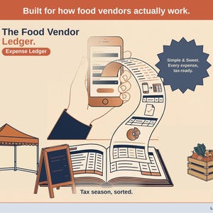 May include: A digital graphic featuring a smartphone, an open ledger book, a pop-up tent, a chalkboard sign, and a crate of produce. Text includes: Built for how food vendors actually work. The Food Vendor Ledger. Expense Ledger. Simple & Sweet. Every expense, tax-ready. Tax season, sorted. Ledger & Light.