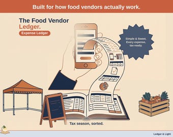 May include: A digital graphic featuring a smartphone, an open ledger book, a pop-up tent, a chalkboard sign, and a crate of produce. Text includes: Built for how food vendors actually work. The Food Vendor Ledger. Expense Ledger. Simple & Sweet. Every expense, tax-ready. Tax season, sorted. Ledger & Light.