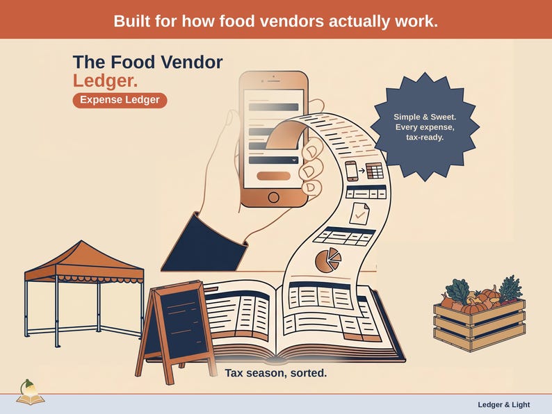 Title slide for the Food Vendor Ledger — “Expense Ledger” set over illustrated food vendor objects on a desk. Expenses, mileage, and tax-ready reporting — with the categories you actually use.
