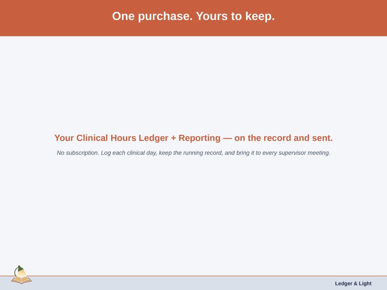 Closing slide for the Clinical Hours Ledger + Reporting — one purchase, every supervised hour on the record.