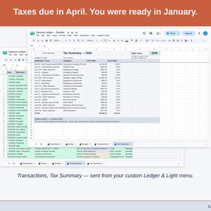 Two exported cards side by side — Tax Summary and Transactions — sent from the Expense Ledger’s custom Ledger & Light menu. A reseller year, ready to hand over.