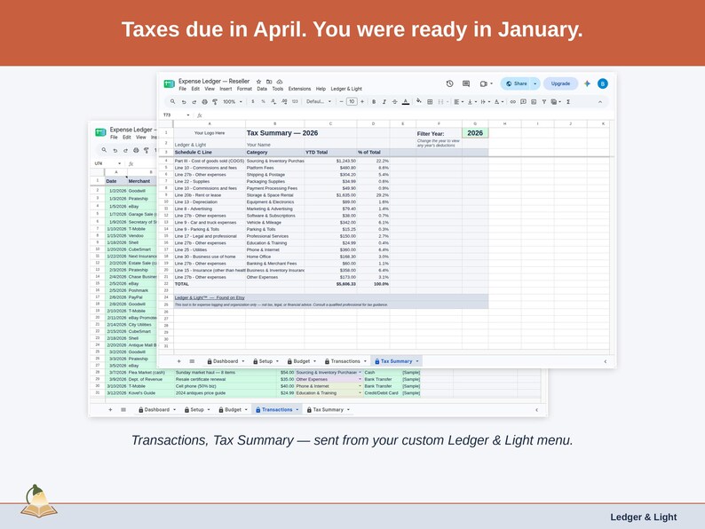 Two exported cards side by side — Tax Summary and Transactions — sent from the Expense Ledger’s custom Ledger & Light menu. A reseller year, ready to hand over.