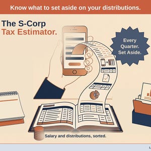 Puede incluir: Una infografía titulada The S-Corp Tax Estimator que muestra un teléfono inteligente, un documento largo con iconos, un libro contable abierto, un calendario de escritorio y un organizador de archivos. El texto incluye: Know what to set aside on your distributions, Every Quarter. Set Aside, y Salary and distributions, sorted.