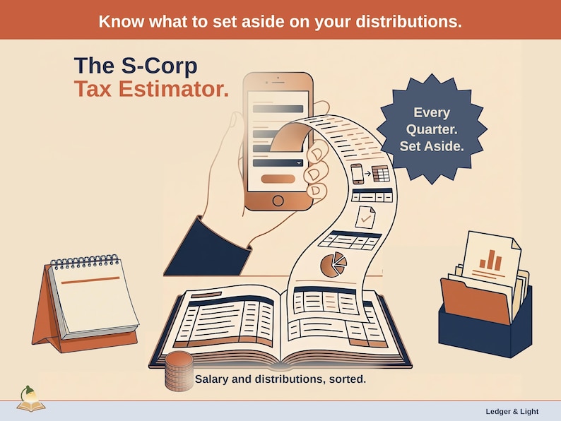 Title slide for the S-Corp Tax Estimator — The S-Corp Tax Estimator, over illustrated desk objects.