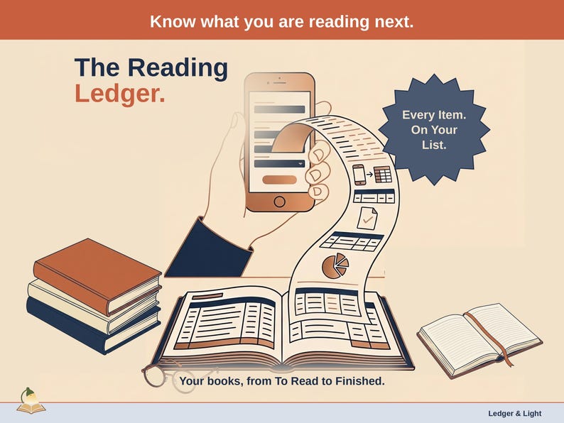 Title slide for the Reading Ledger - a stack of books, an open book with a ribbon bookmark and a pair of reading glasses around an open ledger, with a phone feeding it: your books, from To Read to Finished.