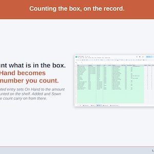 The Items tab with Last Counted dates: A Counted entry sets On Hand to the amount you counted on the shelf.