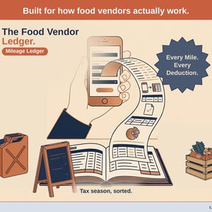 May include: A digital ledger graphic featuring a smartphone, a long paper receipt, a fuel can, a chalkboard sign, an open book, and a crate of produce. Text includes: Built for how food vendors actually work, The Food Vendor Ledger, Mileage Ledger, Every Mile. Every Deduction, and Tax season, sorted.