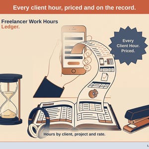 Puede incluir: Una ilustración gráfica titulada Freelancer Work Hours Ledger que muestra un teléfono inteligente, un recibo largo, un libro de contabilidad abierto, un reloj de arena, auriculares y una grapadora. El texto incluye Every client hour, priced and on the record.
