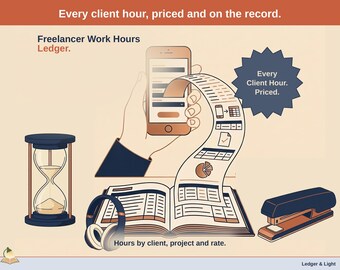 May include: A graphic illustration titled Freelancer Work Hours Ledger featuring a smartphone, a long scrolling receipt, an open ledger book, an hourglass, headphones, and a stapler. Text includes Every client hour, priced and on the record.