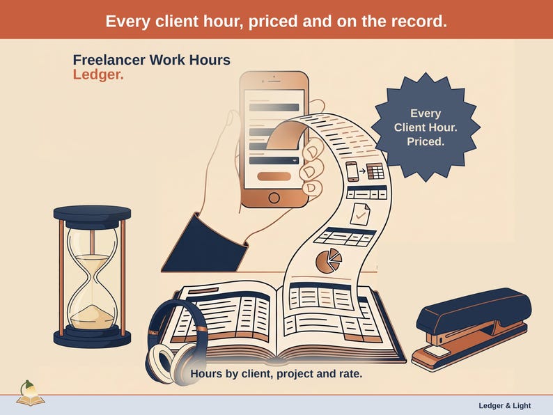 Title slide for the Freelancer Work Hours Ledger — hourglass, stapler and headphones on a desk beside an open ledger, with a phone feeding it: hours by client, project and rate.