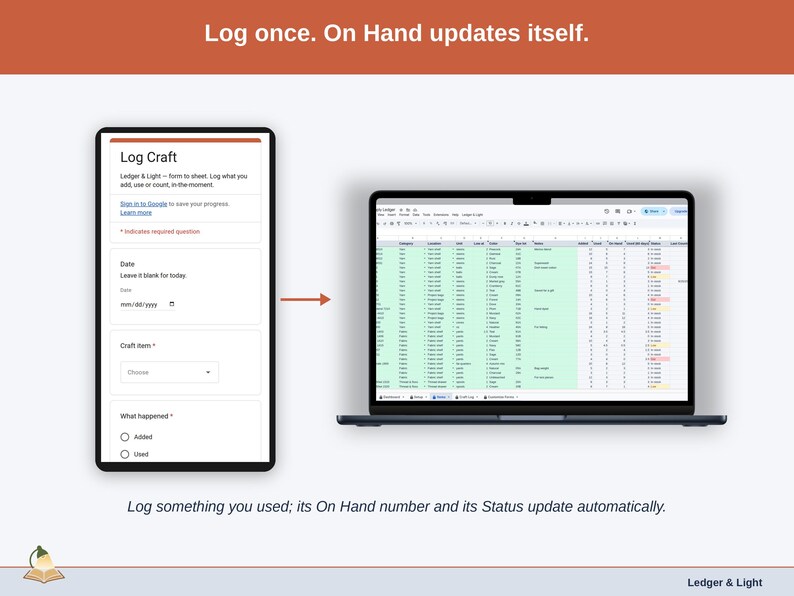 A logged entry moving from the phone form into the Items tab on a laptop, where On Hand and Status update on their own.
