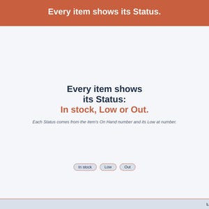 A statement slide on Status: In stock, Low or Out, each worked out from On Hand and Low at.