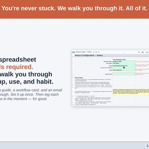The Expense Ledger’s Setup tab on a laptop, walking a notary owner through first-time setup step by step. A setup guide, a workflow card, and an email walkthrough. Set it up once. Then log each expense in the moment — for good.