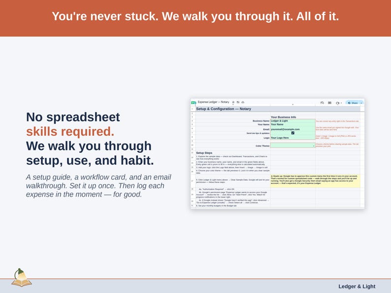 The Expense Ledger’s Setup tab on a laptop, walking a notary owner through first-time setup step by step. A setup guide, a workflow card, and an email walkthrough. Set it up once. Then log each expense in the moment — for good.