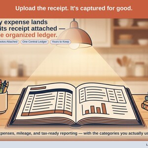Closing slide, captioned receipt photos attached, one central ledger, yours to keep. Every child care expense lands with its receipt attached, in one ledger that stays in your own Drive.