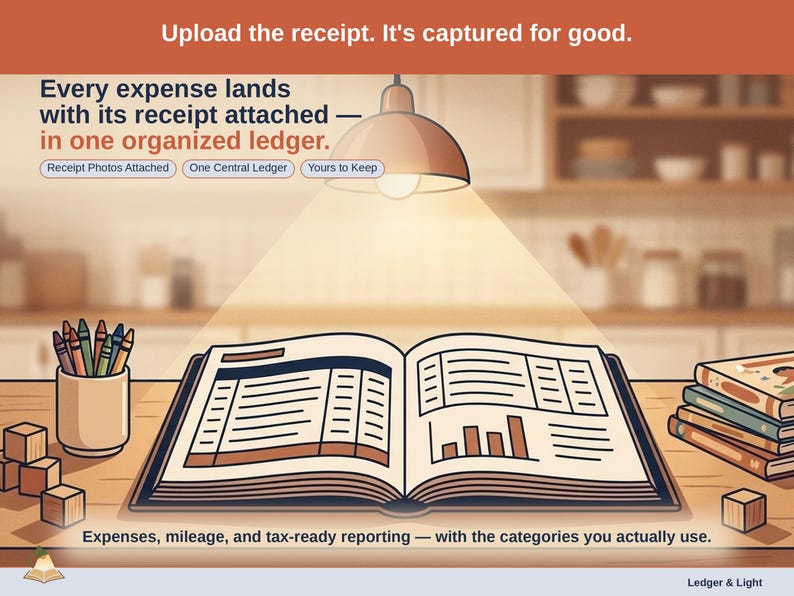 Closing slide, captioned receipt photos attached, one central ledger, yours to keep. Every child care expense lands with its receipt attached, in one ledger that stays in your own Drive.