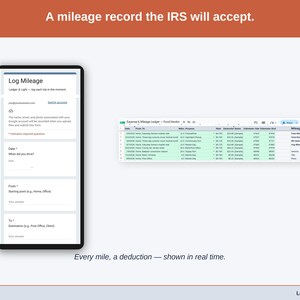 The Mileage Log tab — date, purpose, start and end odometer, miles, and the deduction at the IRS standard rate, calculated per trip. A food vendor driving record built to be accepted.