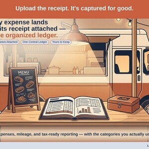 Closing slide, captioned receipt photos attached, one central ledger, yours to keep. Every food vendor expense lands with its receipt attached, in one ledger that stays in your own Drive.