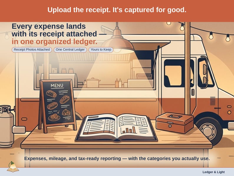 Closing slide, captioned receipt photos attached, one central ledger, yours to keep. Every food vendor expense lands with its receipt attached, in one ledger that stays in your own Drive.