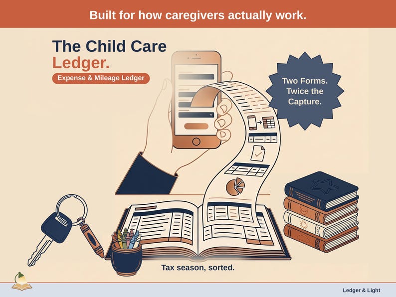 Title slide for the Child Care Ledger — “Expense & Mileage Ledger” set over illustrated child care objects on a desk. Expenses, mileage, and tax-ready reporting — with the categories you actually use.