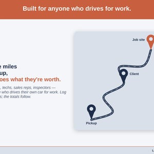 An illustrated route map — built for delivery, rideshare, real estate and the trades. Nurses, techs, sales reps, inspectors — anyone who drives their own car for work. Log the trips; the totals follow.