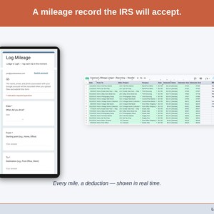 The Mileage Log tab — date, purpose, start and end odometer, miles, and the deduction at the IRS standard rate, calculated per trip. A reseller driving record built to be accepted.