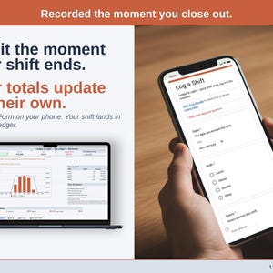 A phone showing the Log a Shift form next to a laptop with the bartender’s Tip Ledger Dashboard. A Google Form on your phone. Your shift lands in your Tip Ledger.