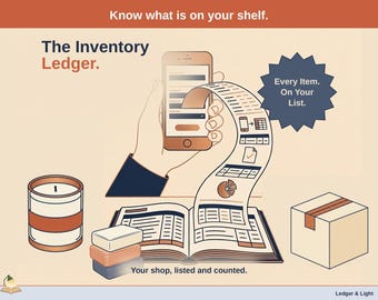 Może przedstawiać: Ilustracja zatytułowana The Inventory Ledger przedstawiająca smartfon, otwartą księgę, świecę i pudełko. Tekst zawiera Know what is on your shelf, The Inventory Ledger, Every Item. On Your List oraz Your shop, listed and counted.