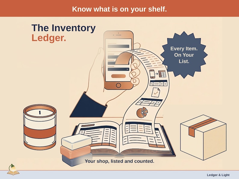 Title slide for the Inventory Ledger — candle jar, soap stack and shipping box around an open ledger, with a phone feeding it: your shop, listed and counted.