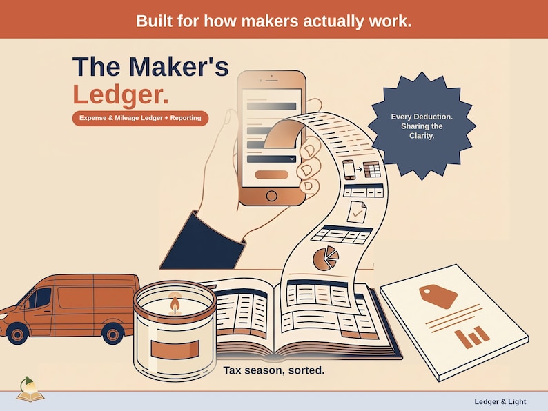 Title slide for the Maker Ledger — “Expense & Mileage Ledger + Reporting” set over illustrated maker objects on a desk. Expenses, mileage, and tax-ready reporting — with the categories you actually use.
