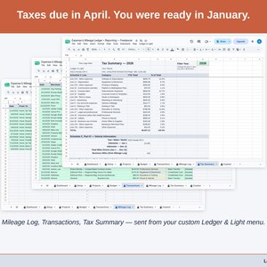 Two exported cards side by side — Tax Summary and Transactions — sent from the Expense & Mileage Ledger + Reporting’s custom Ledger & Light menu. A freelancer year, ready to hand over.