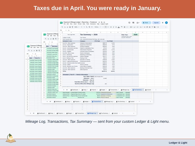 Two exported cards side by side — Tax Summary and Transactions — sent from the Expense & Mileage Ledger + Reporting’s custom Ledger & Light menu. A freelancer year, ready to hand over.