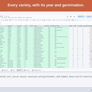 The Items tab: category, where it is stored, unit, Low at, source, seed year and germination for every variety, with Added, Sown and On Hand worked out beside them.