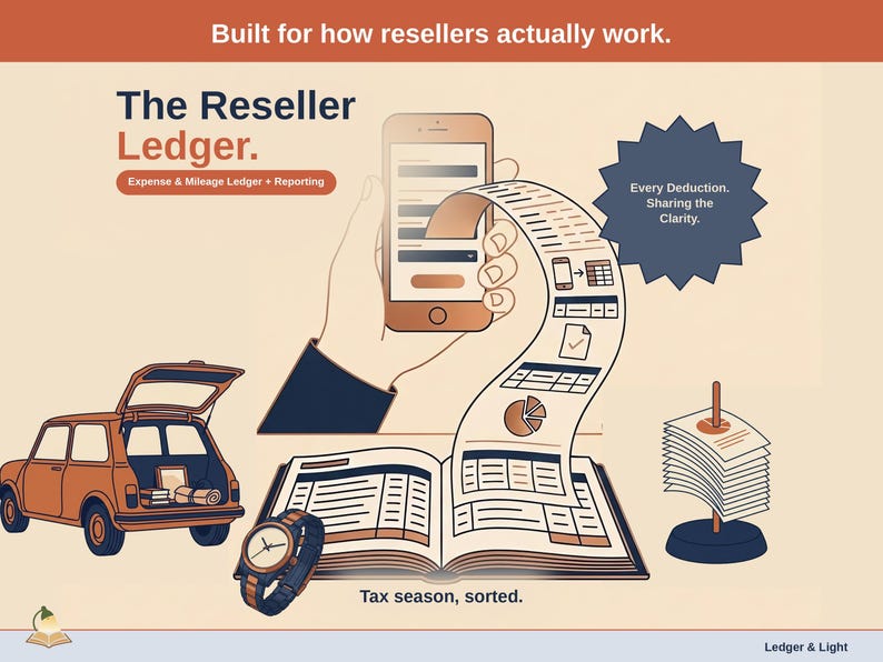 Title slide for the Reseller Ledger — “Expense & Mileage Ledger + Reporting” set over illustrated reseller objects on a desk. Expenses, mileage, and tax-ready reporting — with the categories you actually use.