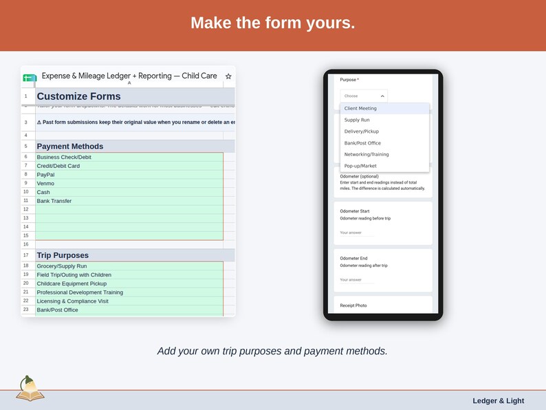 The Customize Forms tab, where the dropdowns become yours: child care trip purposes such as grocery/supply run, field trip/outing with children and childcare equipment pickup, plus your own payment methods.