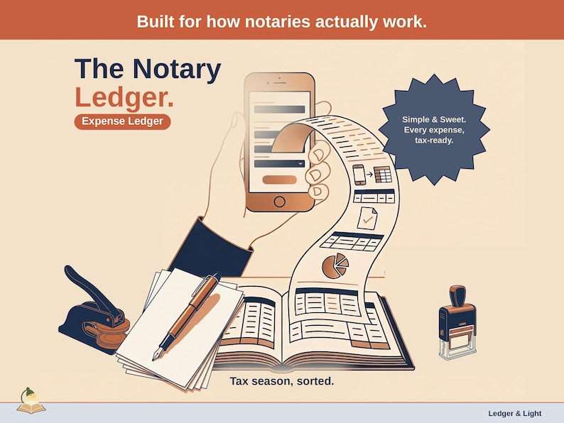 Title slide for the Notary Ledger — “Expense Ledger” set over illustrated notary objects on a desk. Expenses, mileage, and tax-ready reporting — with the categories you actually use.